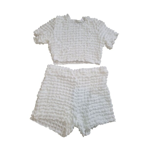 White Textured 2-Piece Set Short Sleeve Crop Top High-Waisted Shorts Stretch 3XL - Picture 2 of 8